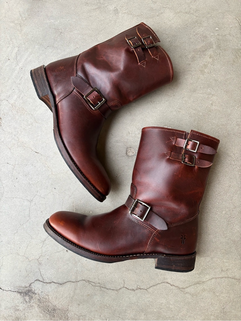 Frye Men’s 12R Brown Leather Engineer Moto Boots Made in USA Buckle
